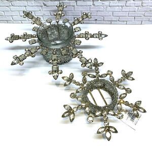 2 Vintage Clear & Silver Beaded Snowflake Tea Light Candle Holder Holidays Metal